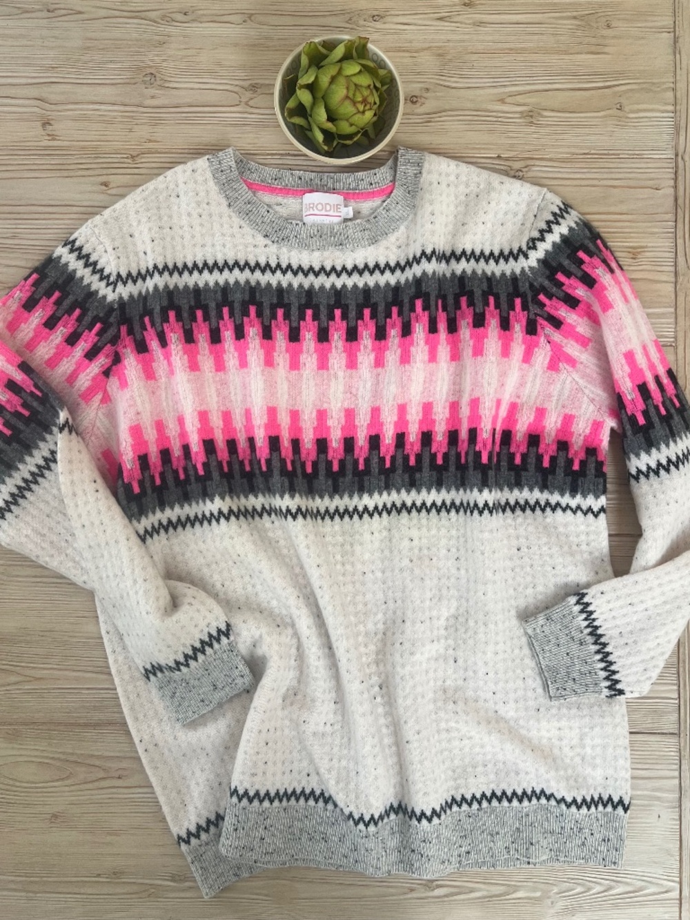 Brodie 100% Cashmere Fair Isle Sweater XL Pink Gray